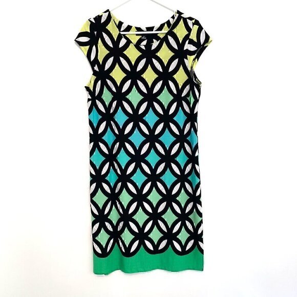 MADISON LEIGH Black White Green Geometric Print Short Cap Sleeve Sheath Dress 12 - Picture 2 of 14
